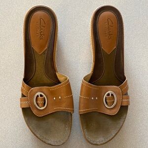 Clarks Brown Leather Slide Sandals